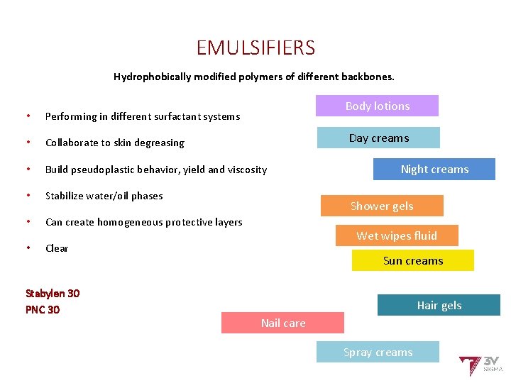 EMULSIFIERS Hydrophobically modified polymers of different backbones. Body lotions • Performing in different surfactant