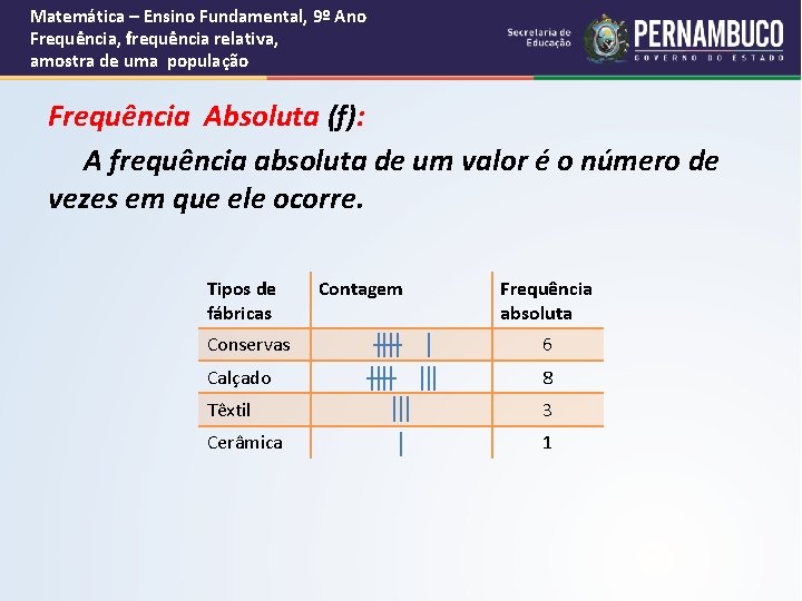 Matemática – Ensino Fundamental, 9º Ano Frequência, frequência relativa, amostra de uma população Frequência