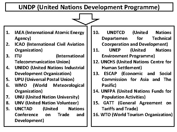 UNDP (United Nations Development Programme) 1. IAEA (International Atomic Energy Agency) 2. ICAO (International