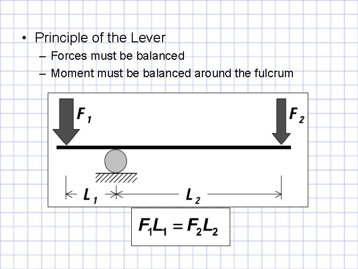  • Principle of the Lever – Forces must be balanced – Moment must