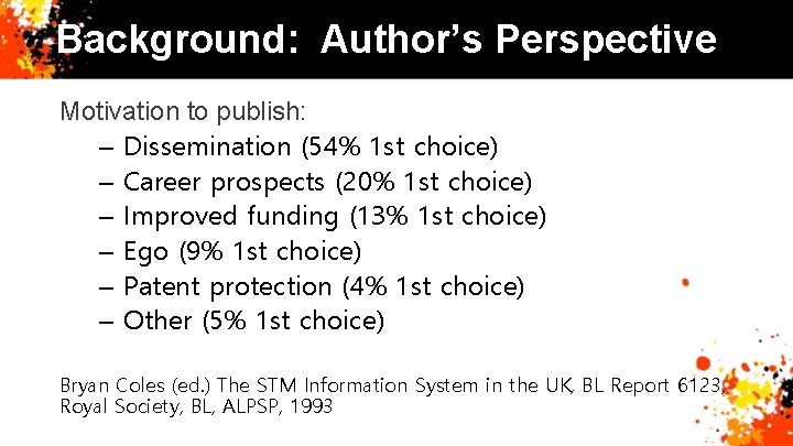 Background: Author’s Perspective Motivation to publish: – Dissemination (54% 1 st choice) – Career