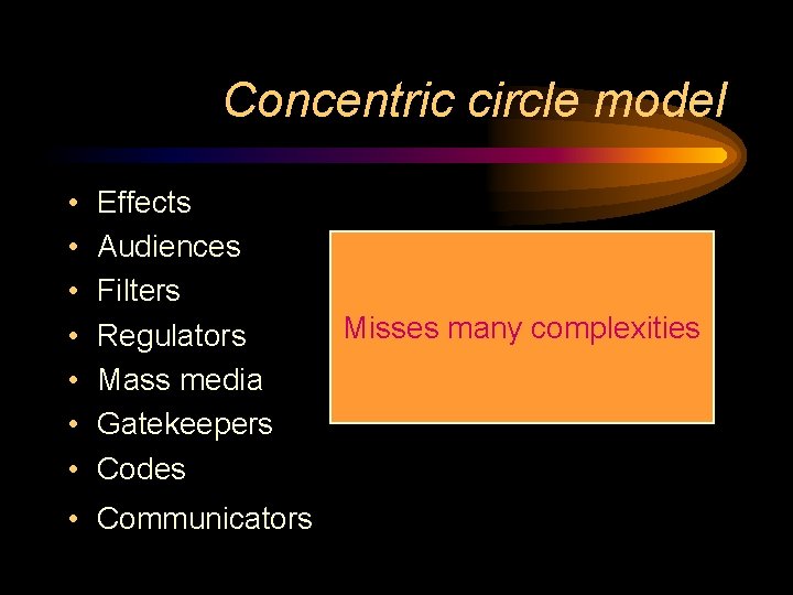 Concentric circle model • • Effects Audiences Filters Regulators Mass media Gatekeepers Codes •