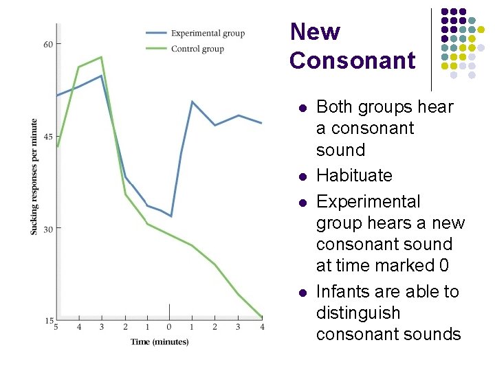 New Consonant l l Both groups hear a consonant sound Habituate Experimental group hears