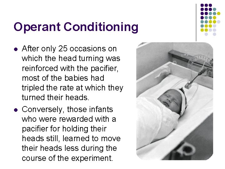 Operant Conditioning l l After only 25 occasions on which the head turning was