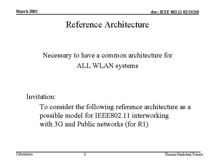 March 2002 doc. : IEEE 802. 11 02/242 r 0 Reference Architecture Necessary to