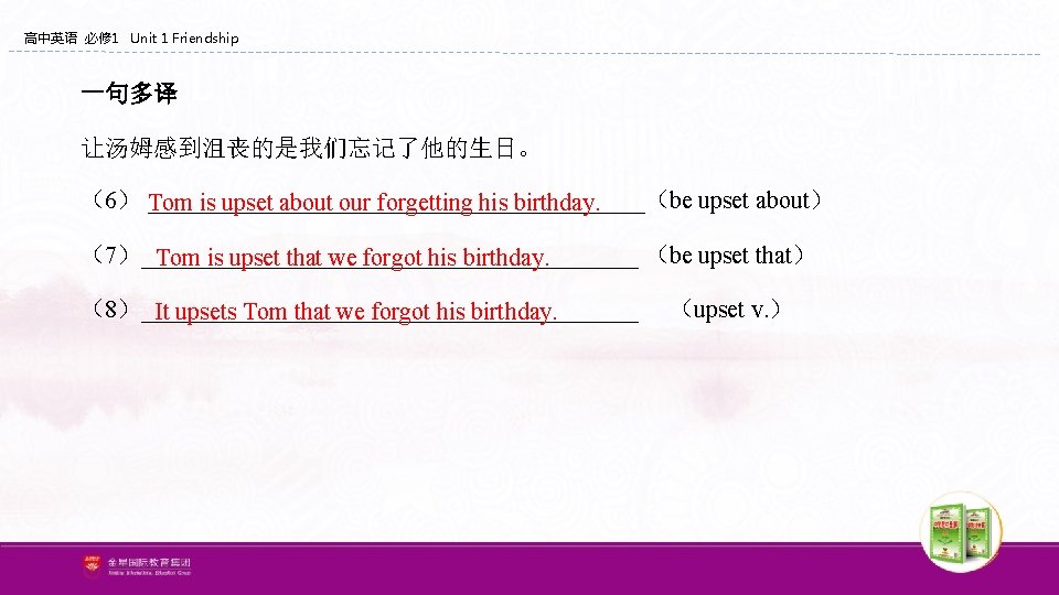 高中英语 必修 1 Unit 1 Friendship 一句多译 让汤姆感到沮丧的是我们忘记了他的生日。 (6) _____________________(be upset about) Tom is 高中英语 必修 1 Unit 1 Friendship 一句多译 让汤姆感到沮丧的是我们忘记了他的生日。 (6) _____________________(be upset about) Tom is
