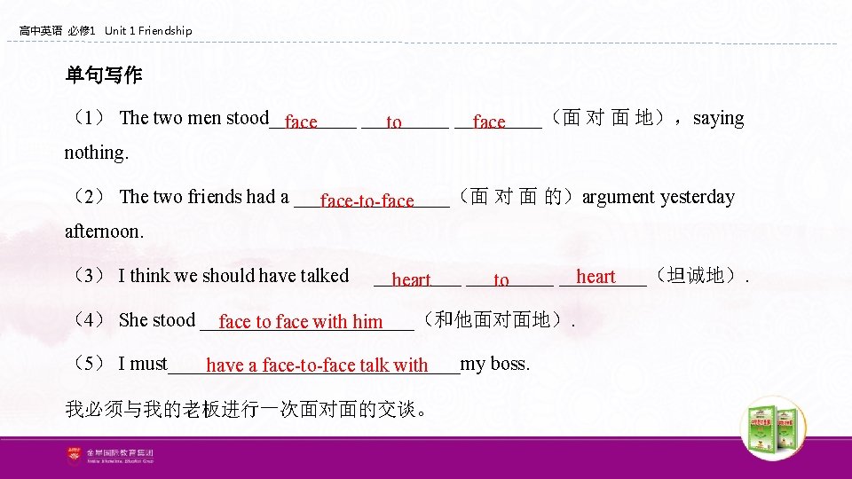 高中英语 必修 1 Unit 1 Friendship 单句写作 (1) The two men stood_________(面 对 面 高中英语 必修 1 Unit 1 Friendship 单句写作 (1) The two men stood_________(面 对 面