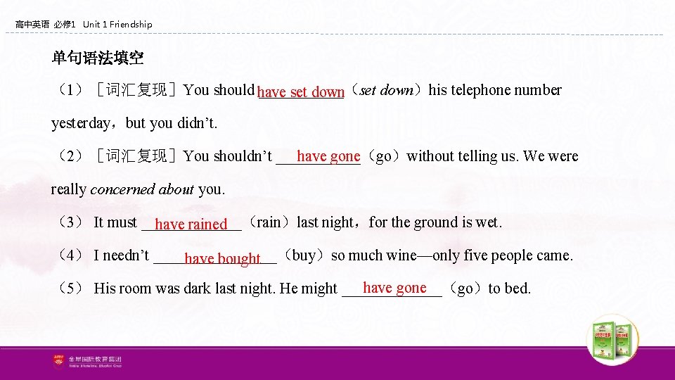 高中英语 必修 1 Unit 1 Friendship 单句语法填空 （1）［词汇复现］You should have ______（set down）his telephone number