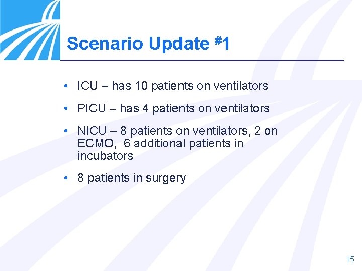 Scenario Update #1 • ICU – has 10 patients on ventilators • PICU –