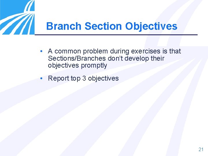 Branch Section Objectives • A common problem during exercises is that Sections/Branches don’t develop