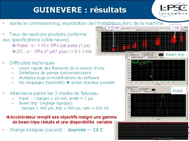 GUINEVERE : résultats • Après le commissioning, exploitation de l’installation donc de la machine