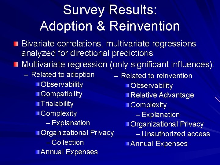 Survey Results: Adoption & Reinvention Bivariate correlations, multivariate regressions analyzed for directional predictions Multivariate