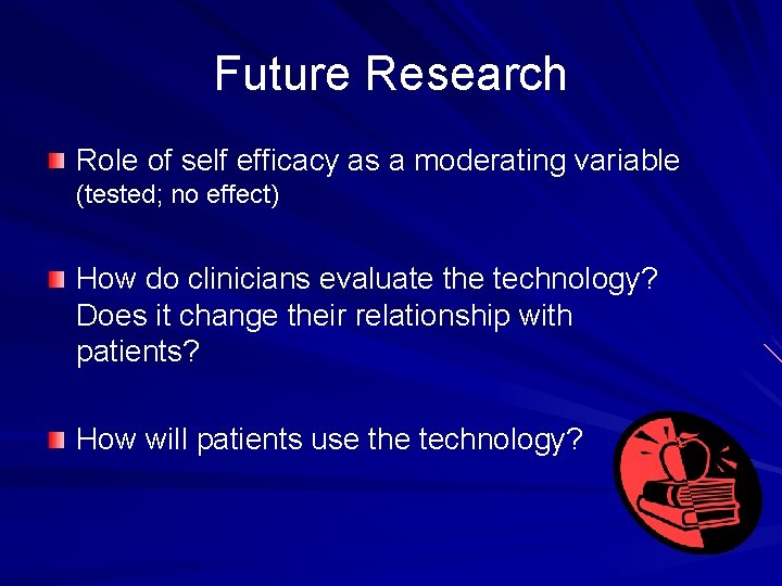 Future Research Role of self efficacy as a moderating variable (tested; no effect) How