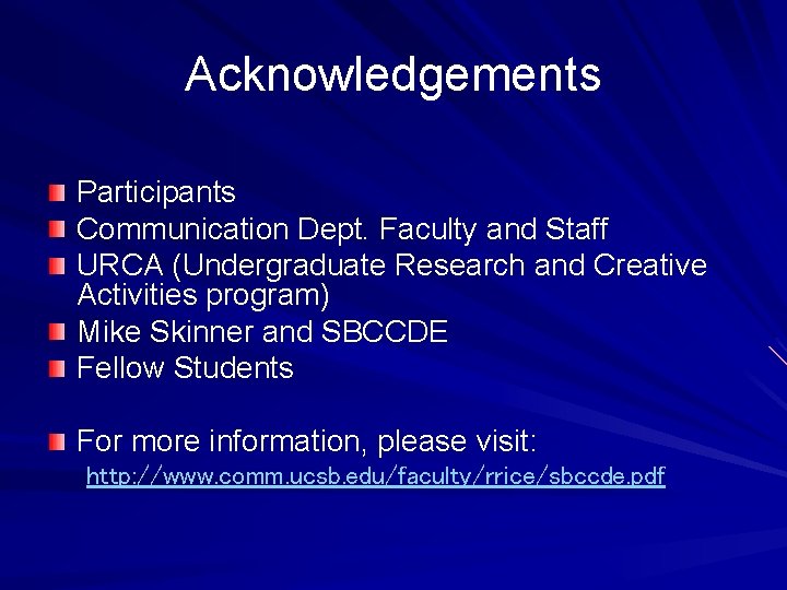 Acknowledgements Participants Communication Dept. Faculty and Staff URCA (Undergraduate Research and Creative Activities program)