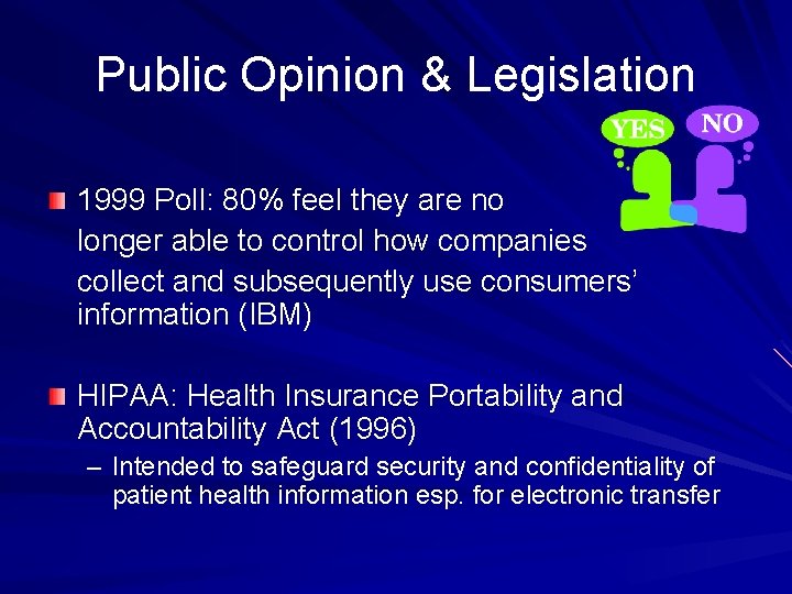 Public Opinion & Legislation 1999 Poll: 80% feel they are no longer able to