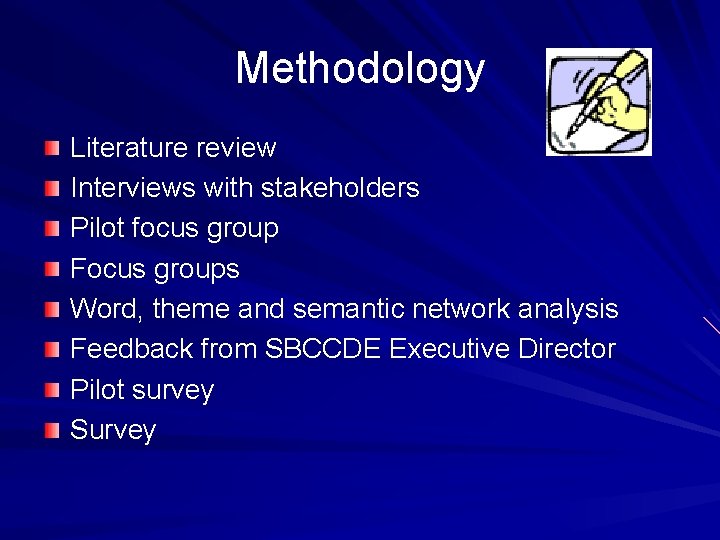 Methodology Literature review Interviews with stakeholders Pilot focus group Focus groups Word, theme and