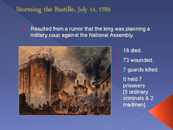 Storming the Bastille, July 14, 1789 Y Resulted from a rumor that the king