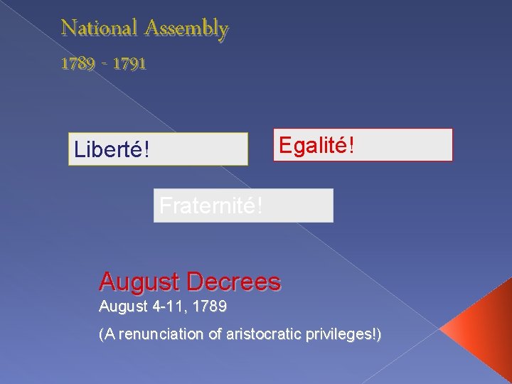 National Assembly 1789 - 1791 Egalité! Liberté! Fraternité! August Decrees August 4 -11, 1789
