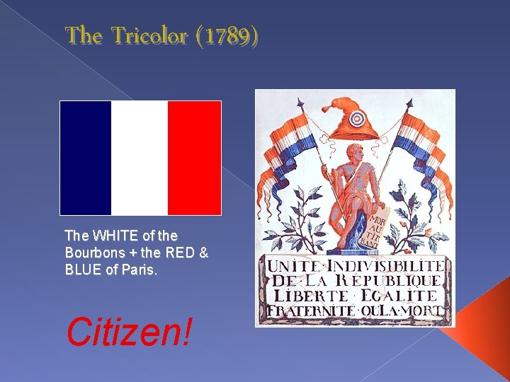 The Tricolor (1789) The WHITE of the Bourbons + the RED & BLUE of