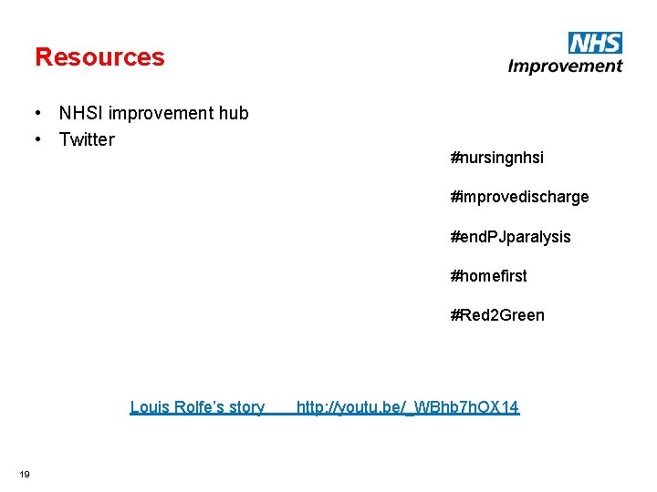 Resources • NHSI improvement hub • Twitter #nursingnhsi #improvedischarge #end. PJparalysis #homefirst #Red 2
