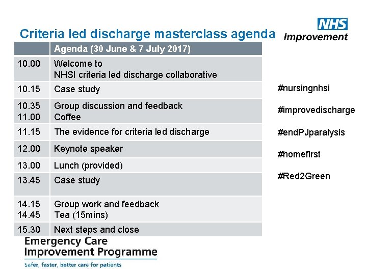 Criteria led discharge masterclass agenda Agenda (30 June & 7 July 2017) 10. 00