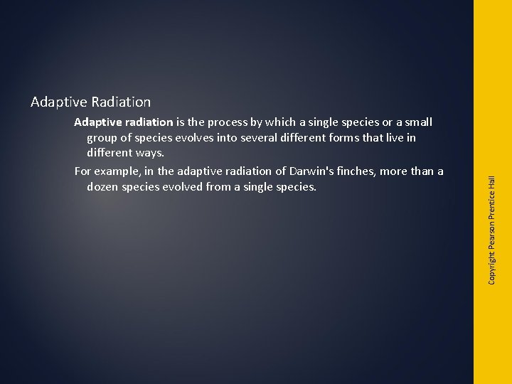 Adaptive radiation is the process by which a single species or a small group Adaptive radiation is the process by which a single species or a small group