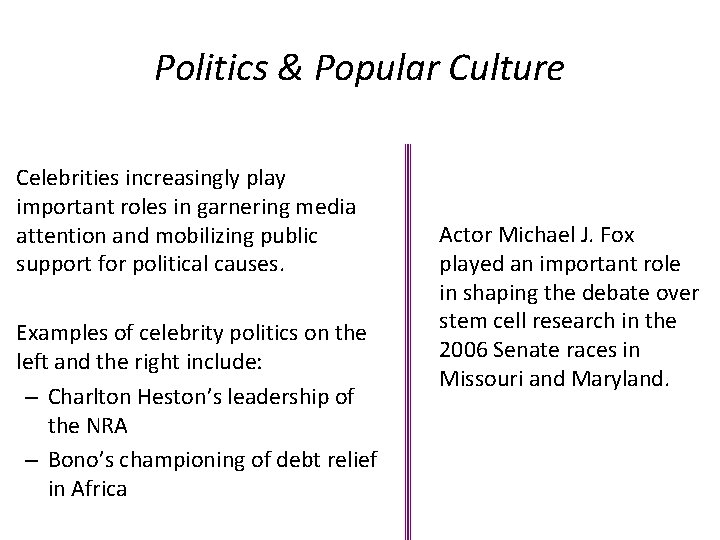 Politics & Popular Culture Celebrities increasingly play important roles in garnering media attention and