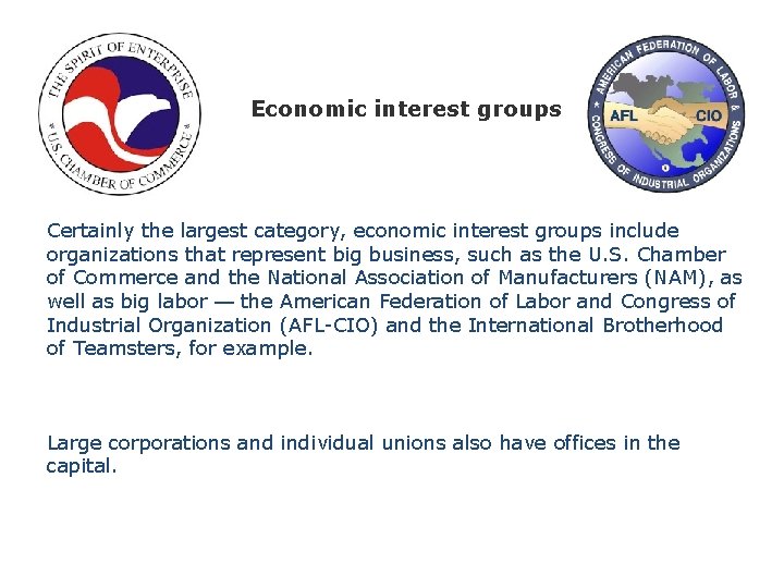 Economic interest groups Certainly the largest category, economic interest groups include organizations that represent