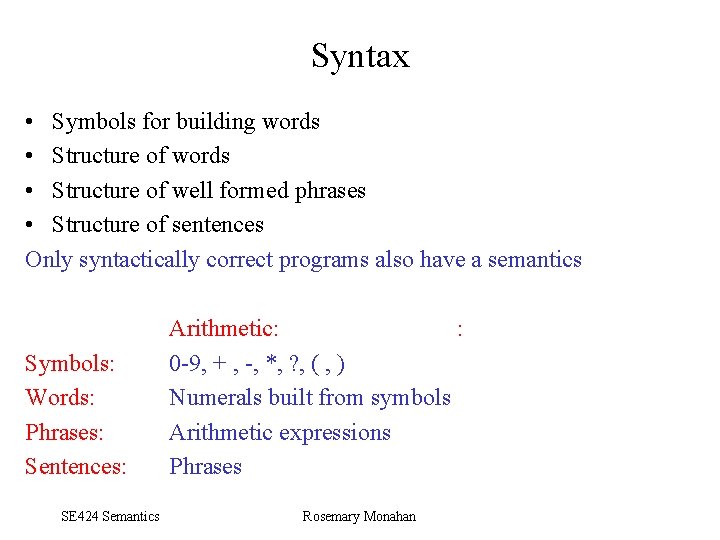 Syntax • Symbols for building words • Structure of well formed phrases • Structure