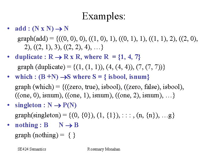 Examples: • add : (N x N) N graph(add) = {((0, 0), ((1, 0),