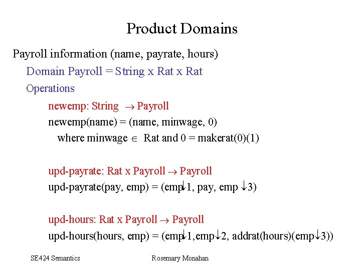 Product Domains Payroll information (name, payrate, hours) Domain Payroll = String x Rat Operations