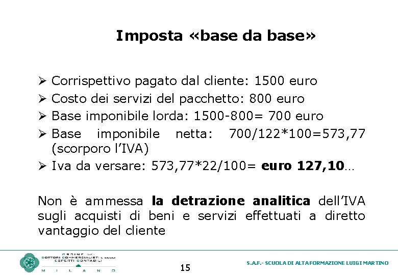 Imposta «base da base» Corrispettivo pagato dal cliente: 1500 euro Costo dei servizi del