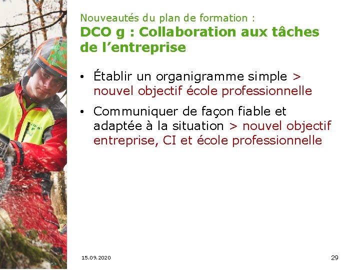 Nouveautés du plan de formation : DCO g : Collaboration aux tâches de l’entreprise