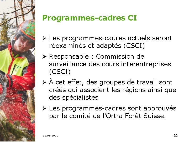 Programmes-cadres CI Ø Les programmes-cadres actuels seront réexaminés et adaptés (CSCI) Ø Responsable :
