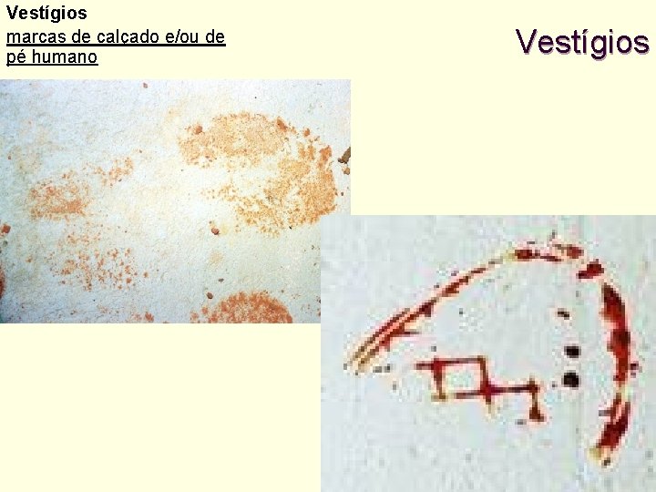 Vestígios marcas de calçado e/ou de pé humano Vestígios 