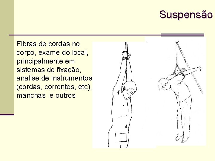 Suspensão Fibras de cordas no corpo, exame do local, principalmente em sistemas de fixação,