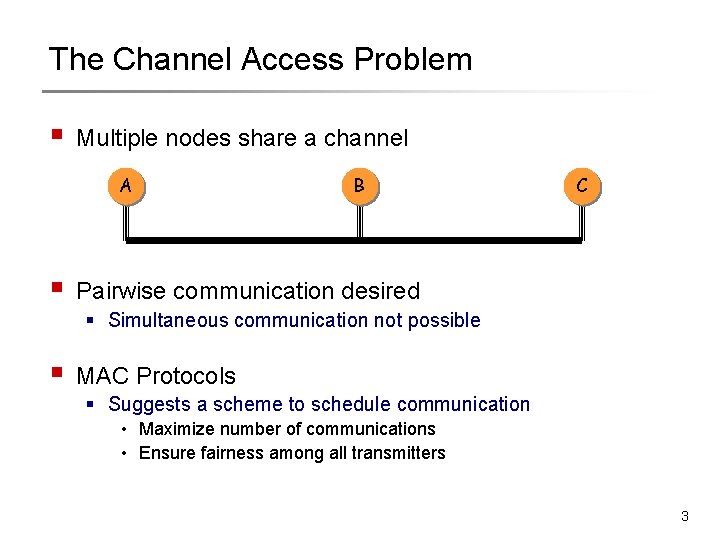 The Channel Access Problem § Multiple nodes share a channel A § B C The Channel Access Problem § Multiple nodes share a channel A § B C