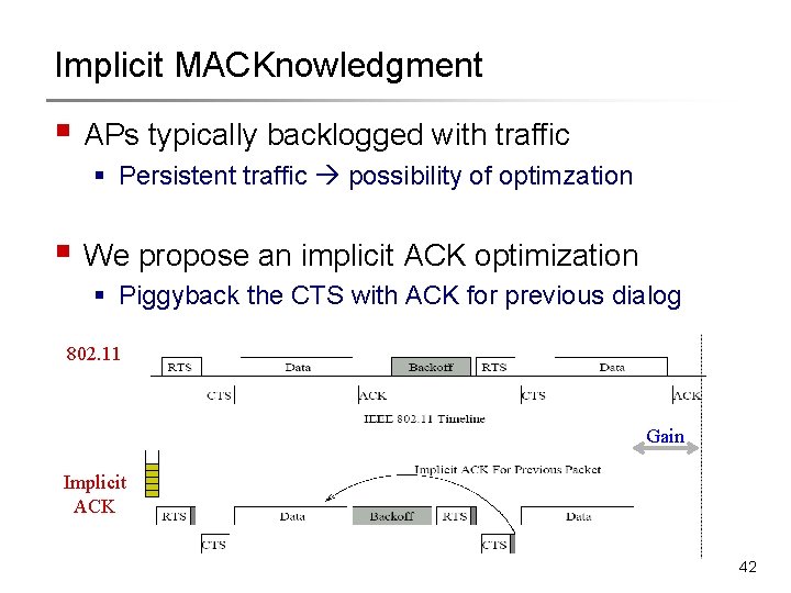 Implicit MACKnowledgment § APs typically backlogged with traffic § Persistent traffic possibility of optimzation Implicit MACKnowledgment § APs typically backlogged with traffic § Persistent traffic possibility of optimzation