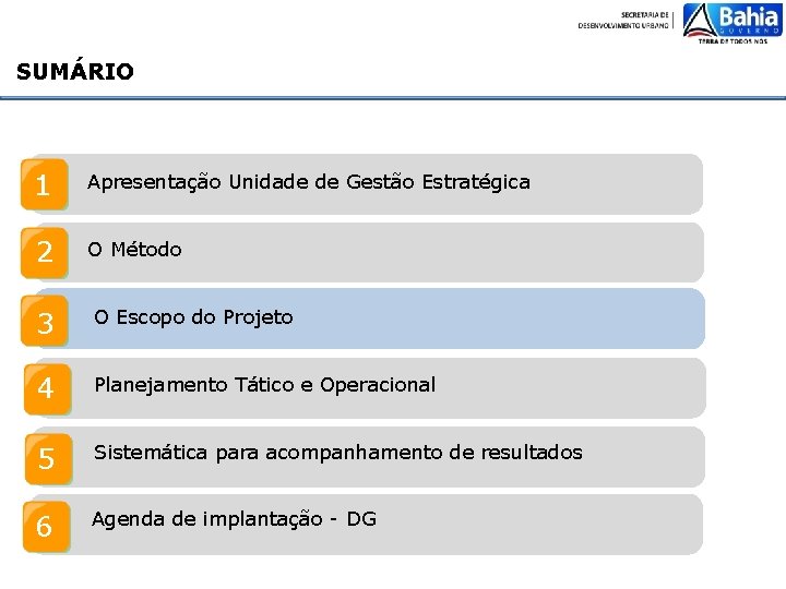 SUMÁRIO 1 Apresentação Unidade de Gestão Estratégica 2 O Método 3 O Escopo do