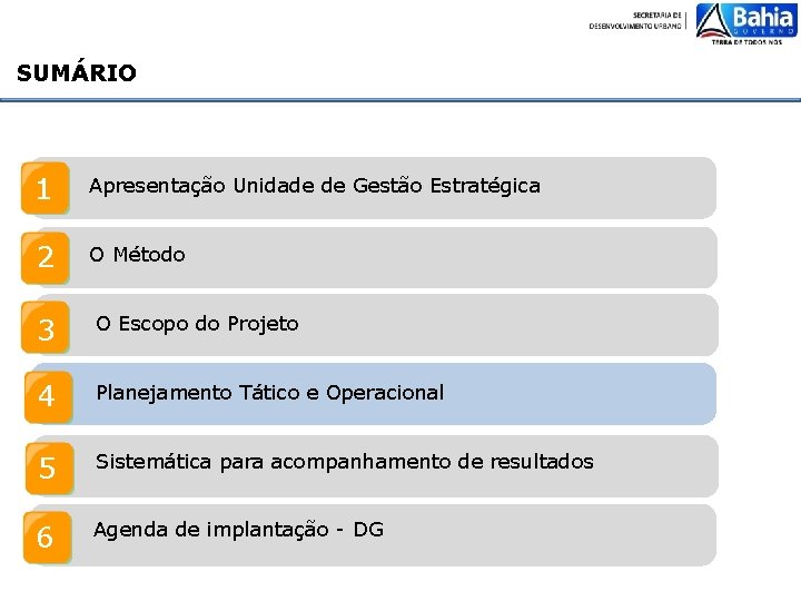 SUMÁRIO 1 Apresentação Unidade de Gestão Estratégica 2 O Método 3 O Escopo do