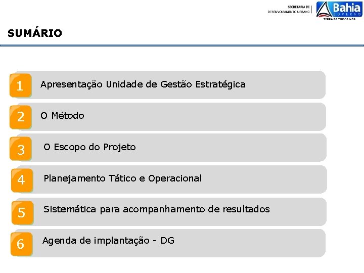 SUMÁRIO 1 Apresentação Unidade de Gestão Estratégica 2 O Método 3 O Escopo do