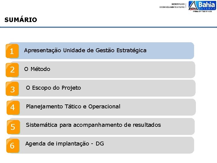 SUMÁRIO 1 Apresentação Unidade de Gestão Estratégica 2 O Método 3 O Escopo do