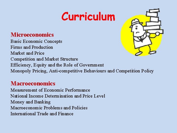 Curriculum Microeconomics Basic Economic Concepts Firms and Production Market and Price Competition and Market