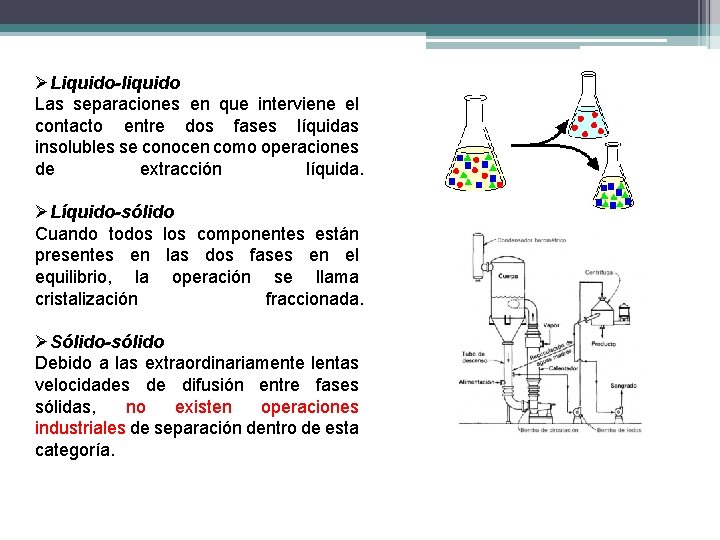 ØLiquido-liquido Las separaciones en que interviene el contacto entre dos fases líquidas insolubles se