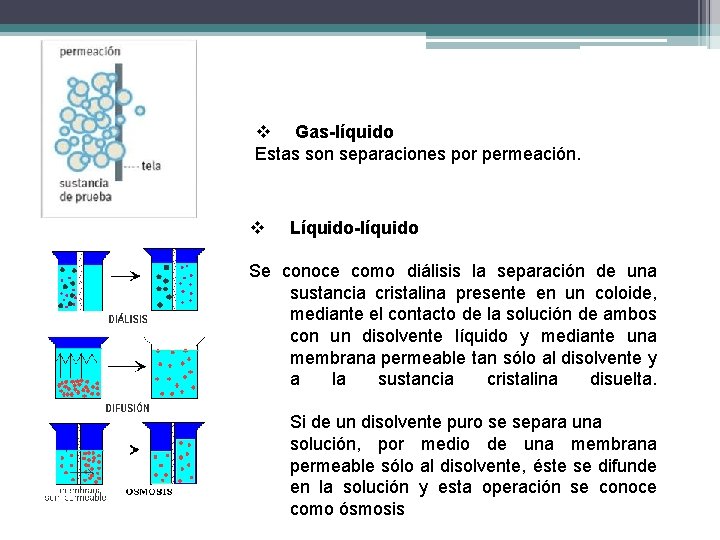 v Gas-líquido Estas son separaciones por permeación. v Líquido-líquido Se conoce como diálisis la