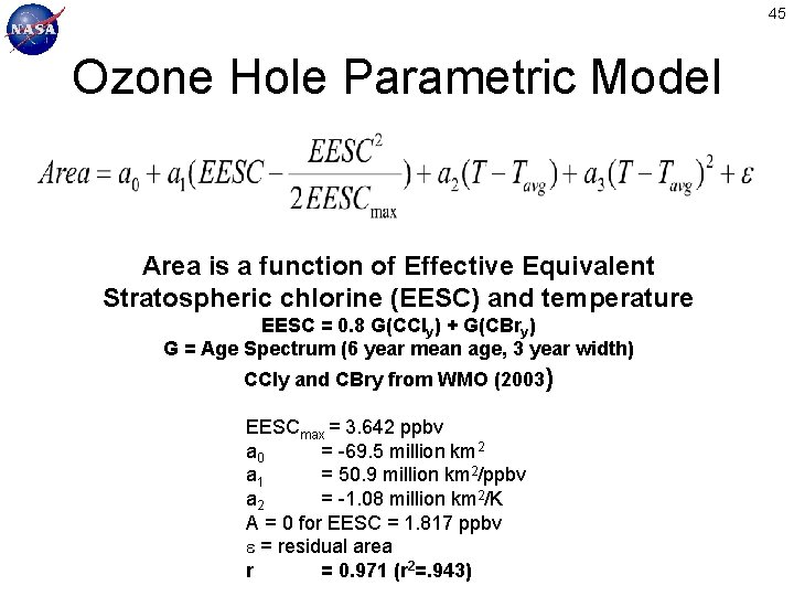 45 Ozone Hole Parametric Model Area is a function of Effective Equivalent Stratospheric chlorine