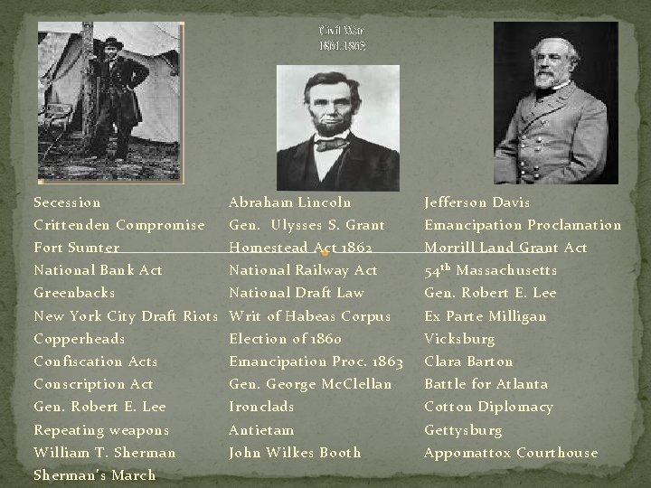 Civil War 1861 -1865 Secession Abraham Lincoln Jefferson Davis Crittenden Compromise Gen. Ulysses S.
