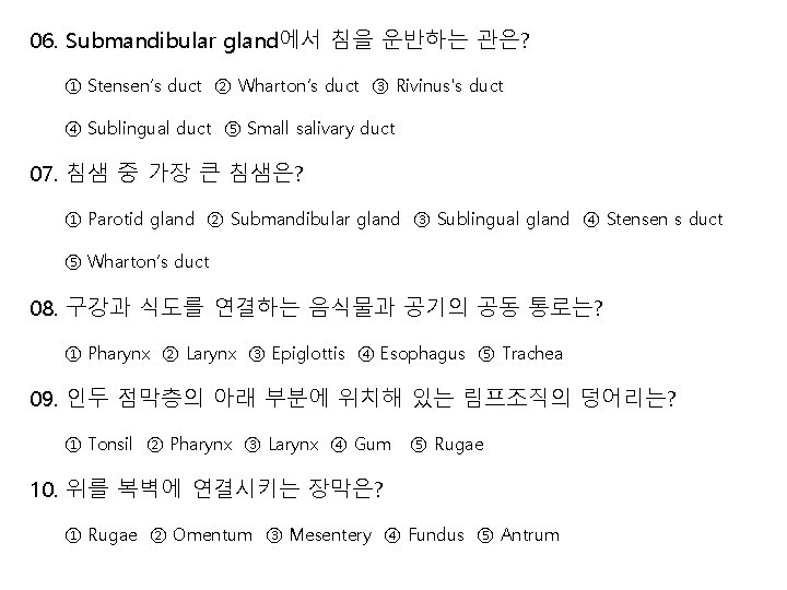 06. Submandibular gland에서 침을 운반하는 관은? ① Stensen‘s duct ② Wharton’s duct ③ Rivinus's