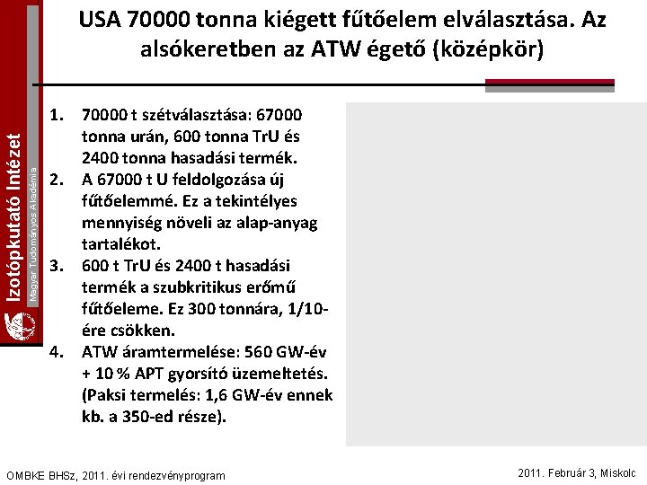 Magyar Tudományos Akadémia Izotópkutató Intézet USA 70000 tonna kiégett fűtőelem elválasztása. Az alsókeretben az