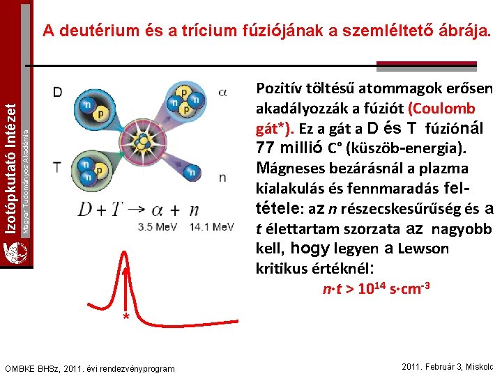 Pozitív töltésű atommagok erősen akadályozzák a fúziót (Coulomb gát*). Ez a gát a D